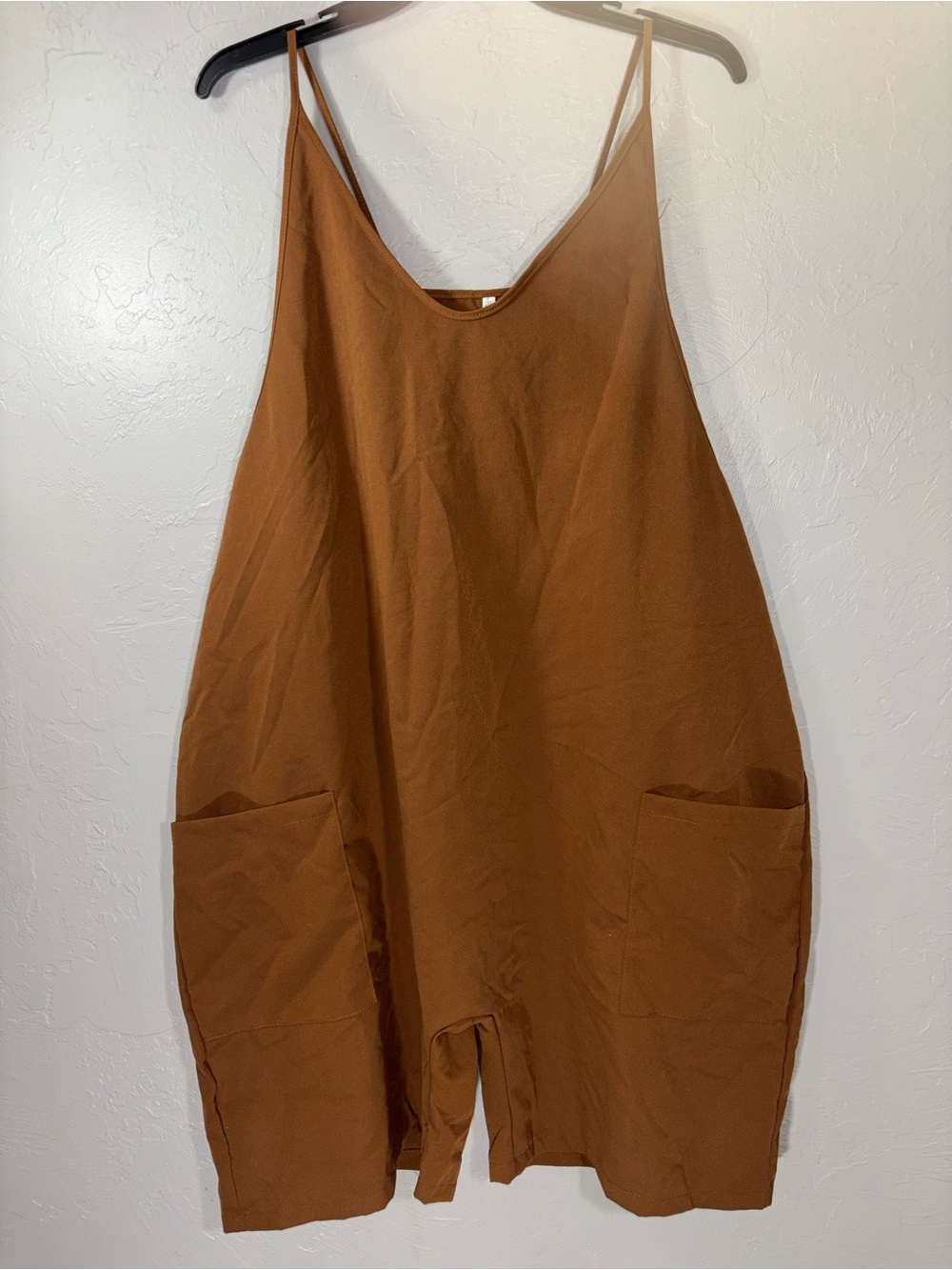 Relaxed Brown Spaghetti-Strap Romper with Front Pockets